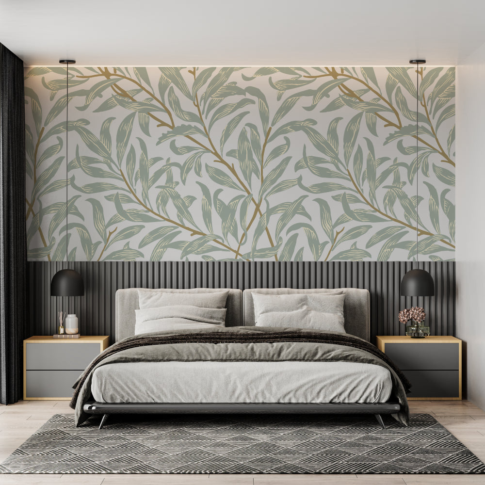 Botanical wall mural featuring sage green leaves in a stylish home office