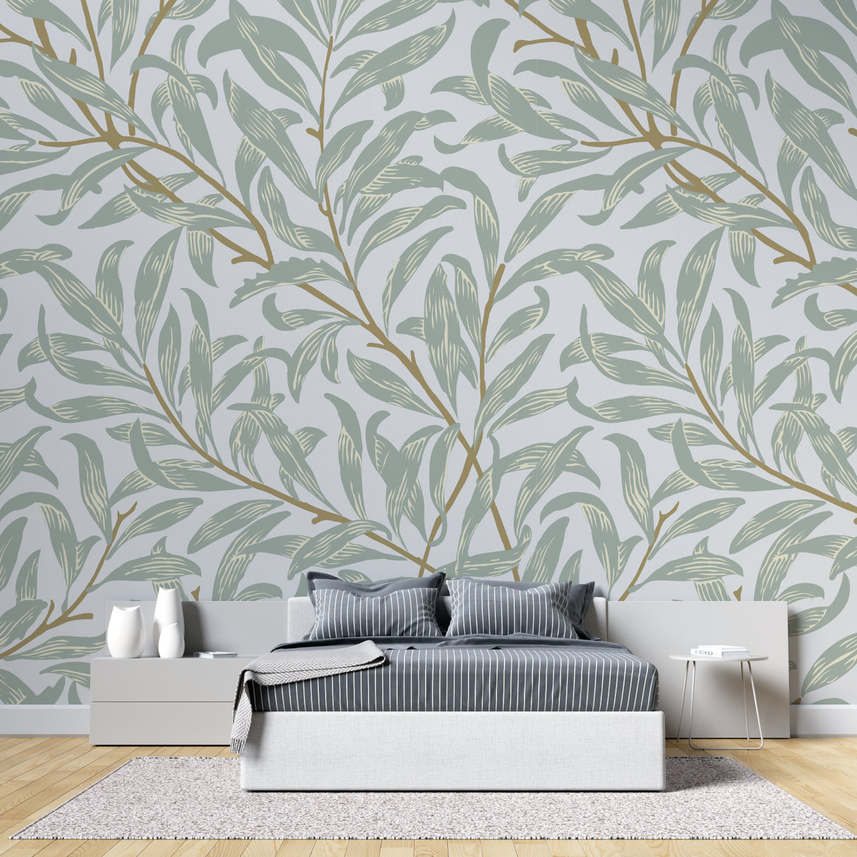 Nature-inspired sage green wallpaper transforming a dining room with soft botanical elements