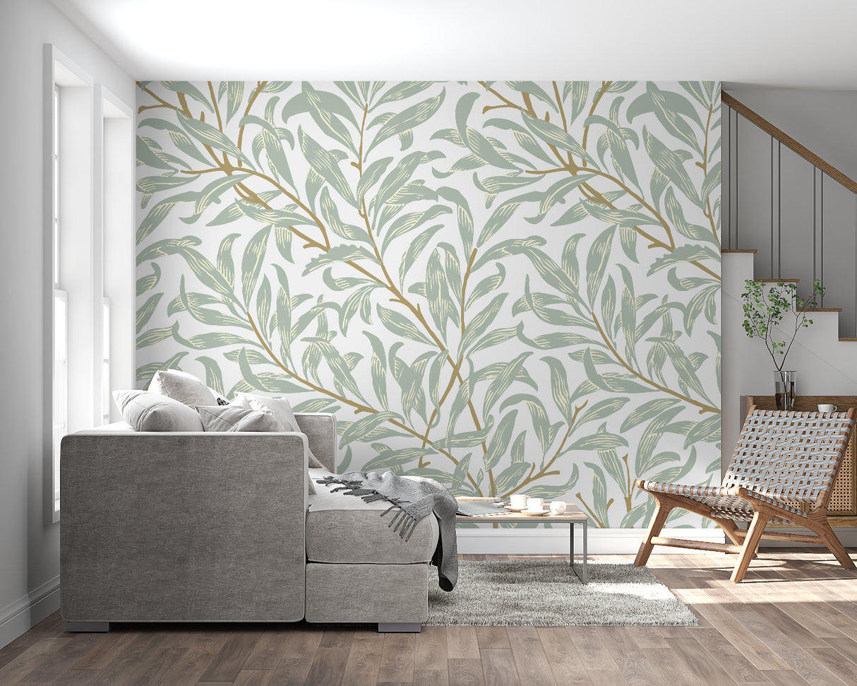 Green botanical wallpaper creating a peaceful atmosphere in an entrance hallway