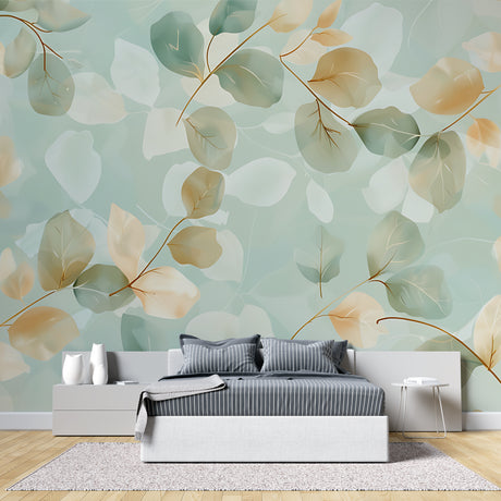 Mint and gold leaf wallpaper in modern living room creating fresh botanical atmosphere