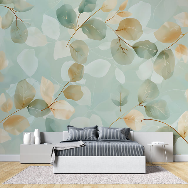 Mint and gold leaf wallpaper in modern living room creating fresh botanical atmosphere