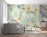 Botanical leaf mural in bedroom showing soft mint green and gold tones
