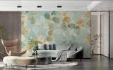 Home office featuring nature-inspired mint green leaf wallpaper