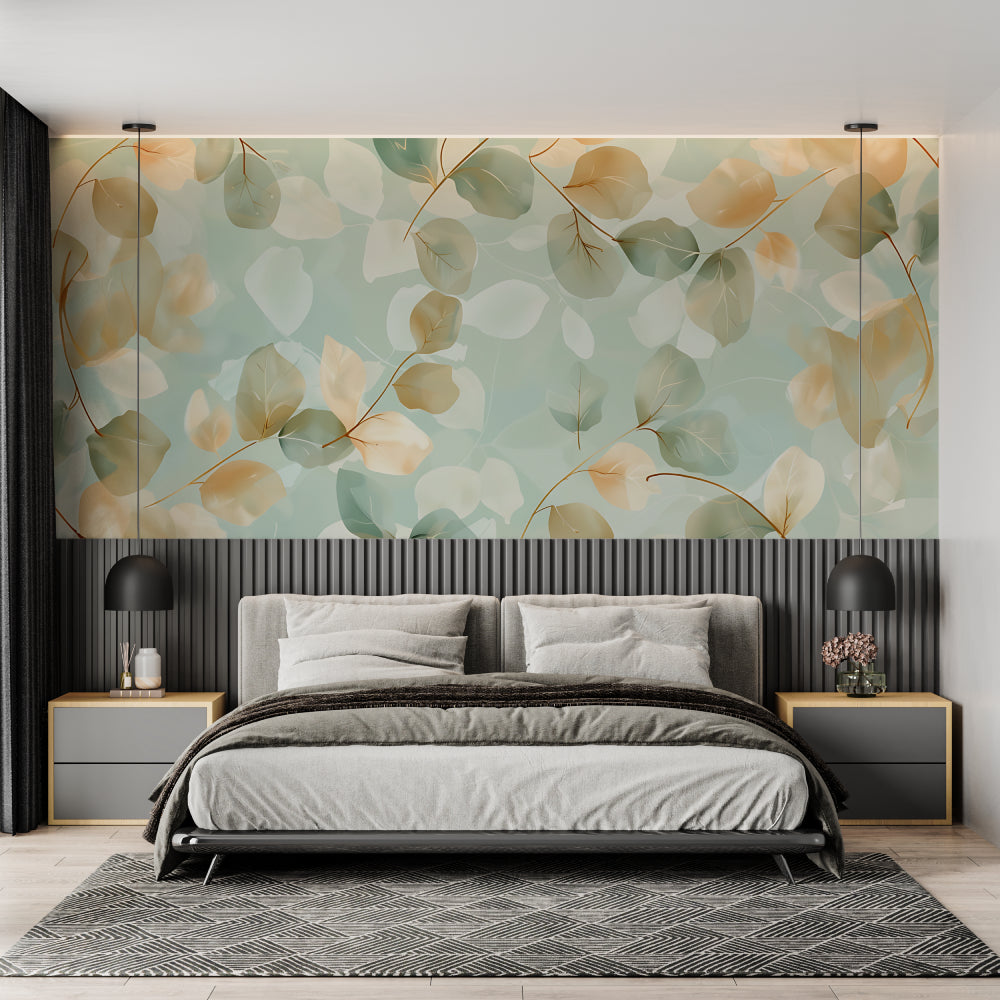 Bathroom accent wall with mint green foliage wallpaper design