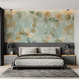 Bathroom accent wall with mint green foliage wallpaper design