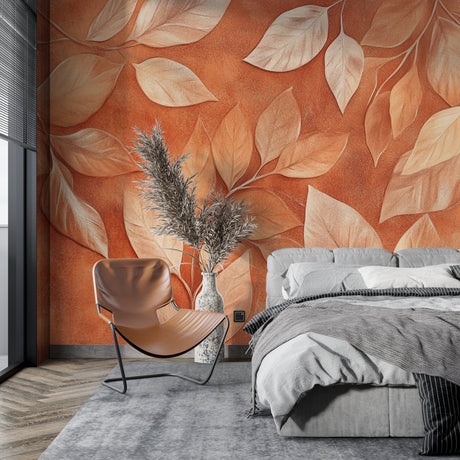 Terracotta leaf wallpaper in a bright living room creating a warm, welcoming atmosphere