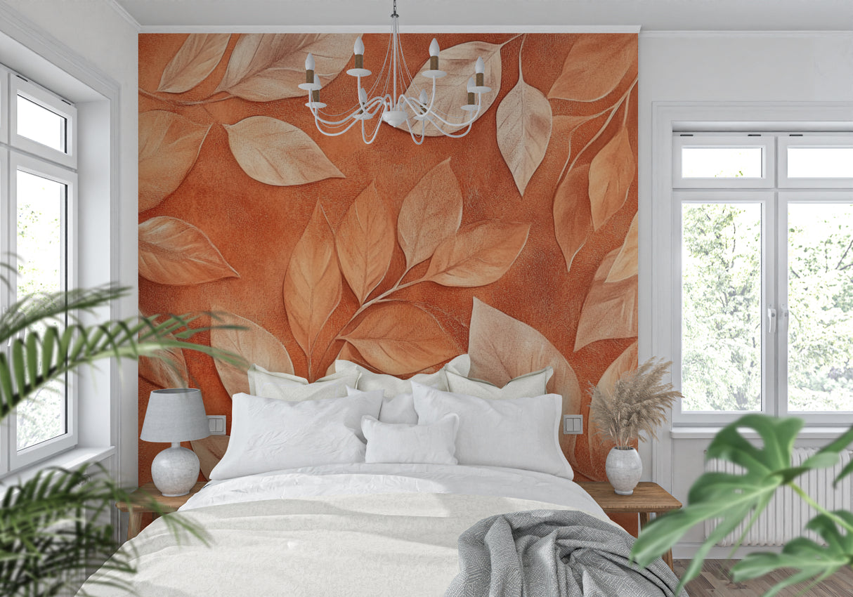 Terracotta and cream foliage mural adding warmth to a home office