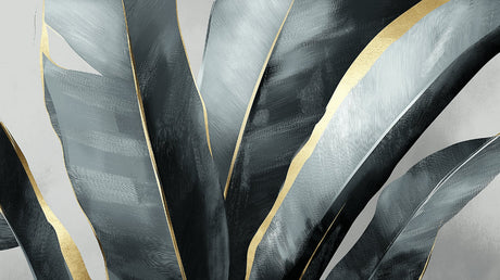 Modern tropical leaf wallpaper with gold accents styled in a bright contemporary living room with minimal furniture