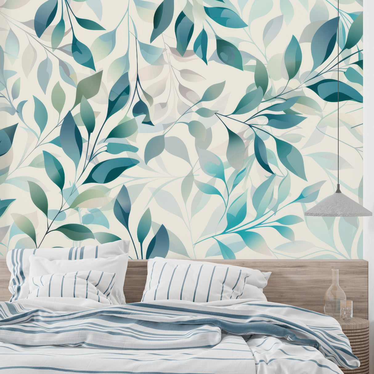 Turquoise and sage botanical wallpaper in modern living room with grey sofa and natural light