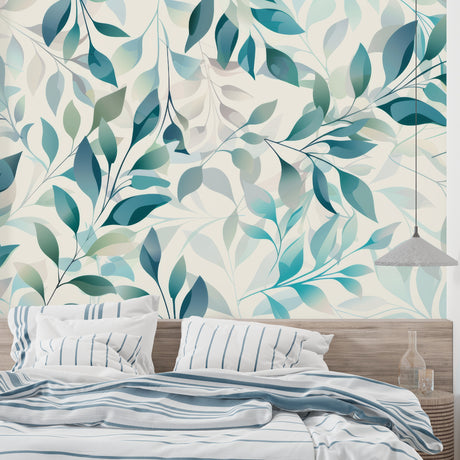 Turquoise and sage botanical wallpaper in modern living room with grey sofa and natural light