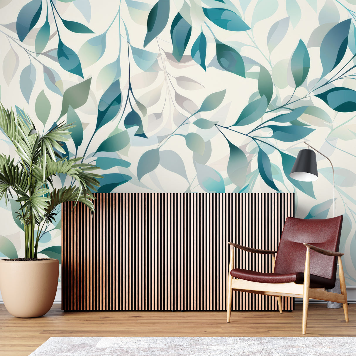 Leaf pattern wallpaper creating calm atmosphere in master bedroom with white furniture