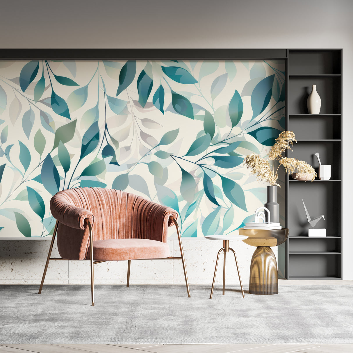 Botanical wall mural in home office showing turquoise and sage leaves detail