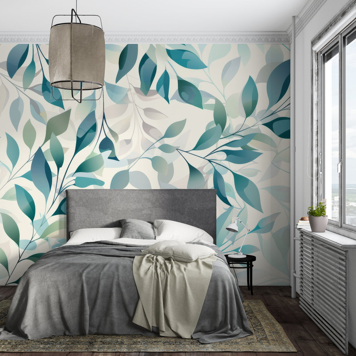Fresh foliage wallpaper brightening dining room with wooden table setting