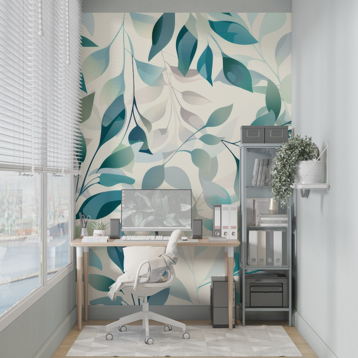 Nature-inspired leaf mural in reading nook with natural lighting