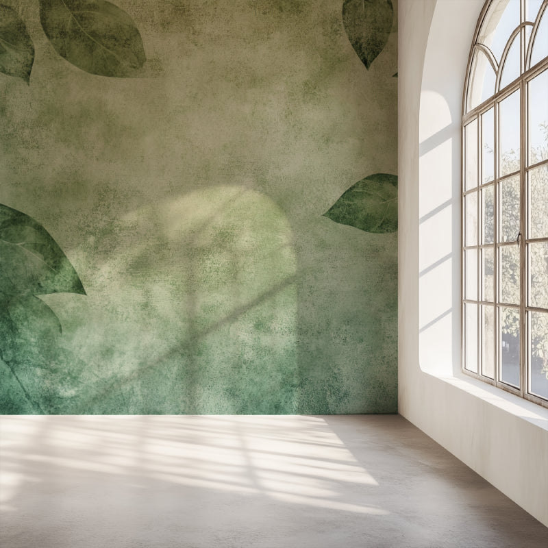 Vintage Green Leaf Wallpaper creating a fresh atmosphere in modern living room with natural light
