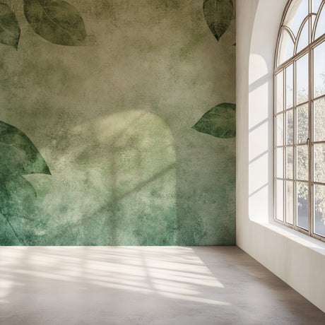 Vintage Green Leaf Wallpaper creating a fresh atmosphere in modern living room with natural light