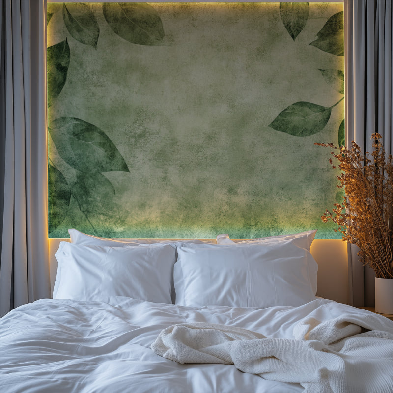 Botanical wall mural enhancing dining room with soft green foliage pattern