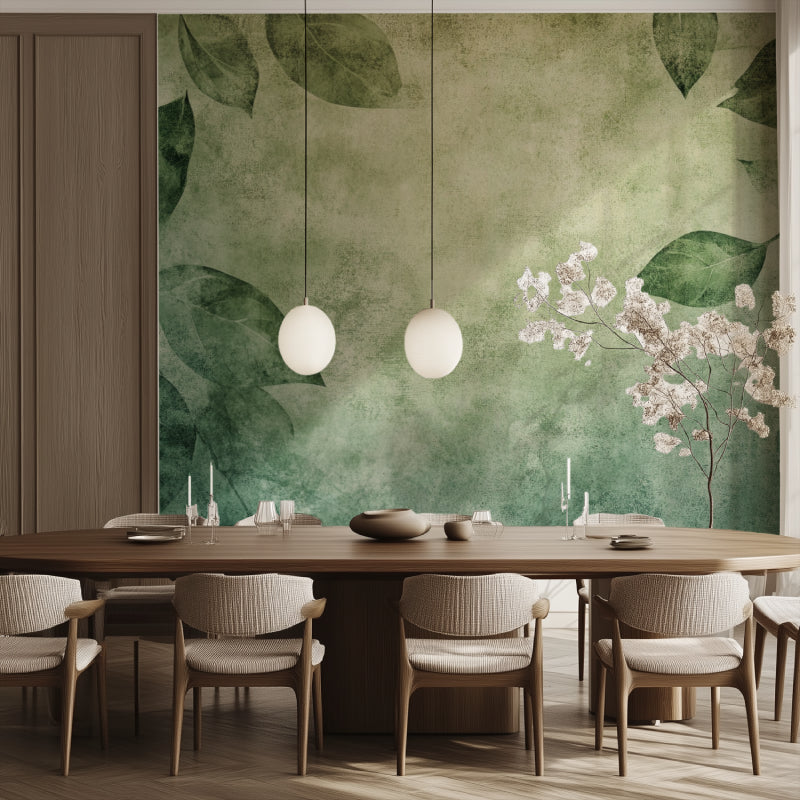 Foliage mural wallpaper adding depth to hallway with vintage green design