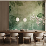 Foliage mural wallpaper adding depth to hallway with vintage green design