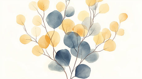 Watercolor foliage wallpaper design file showing detailed blue and gold leaves pattern