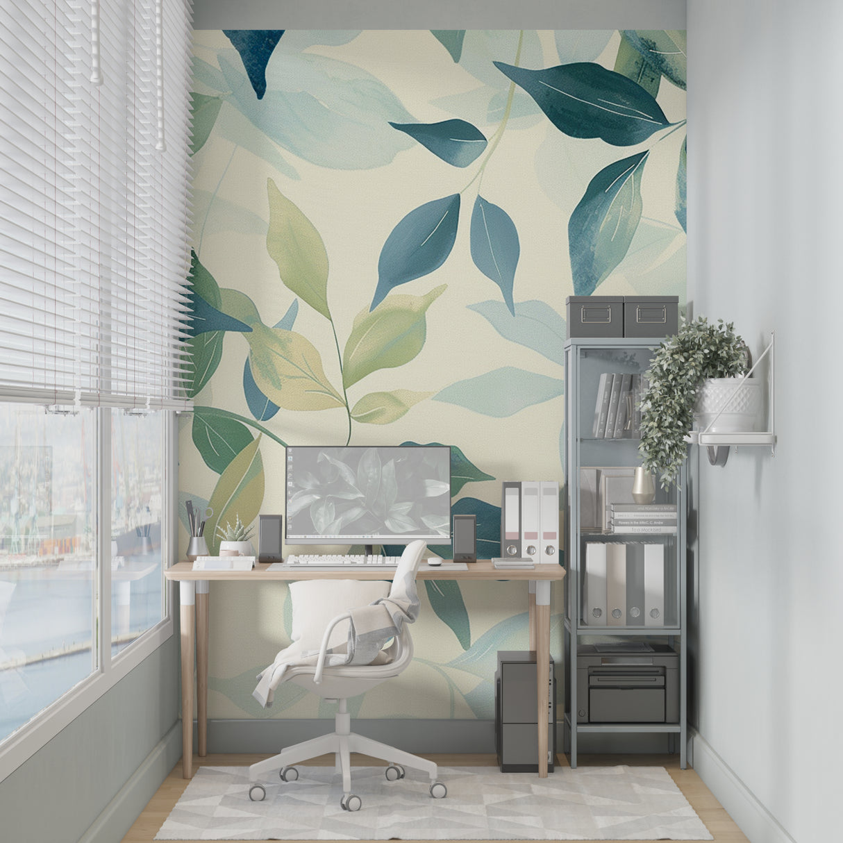 Fresh leaf pattern wallpaper bringing nature into a bright bedroom setting