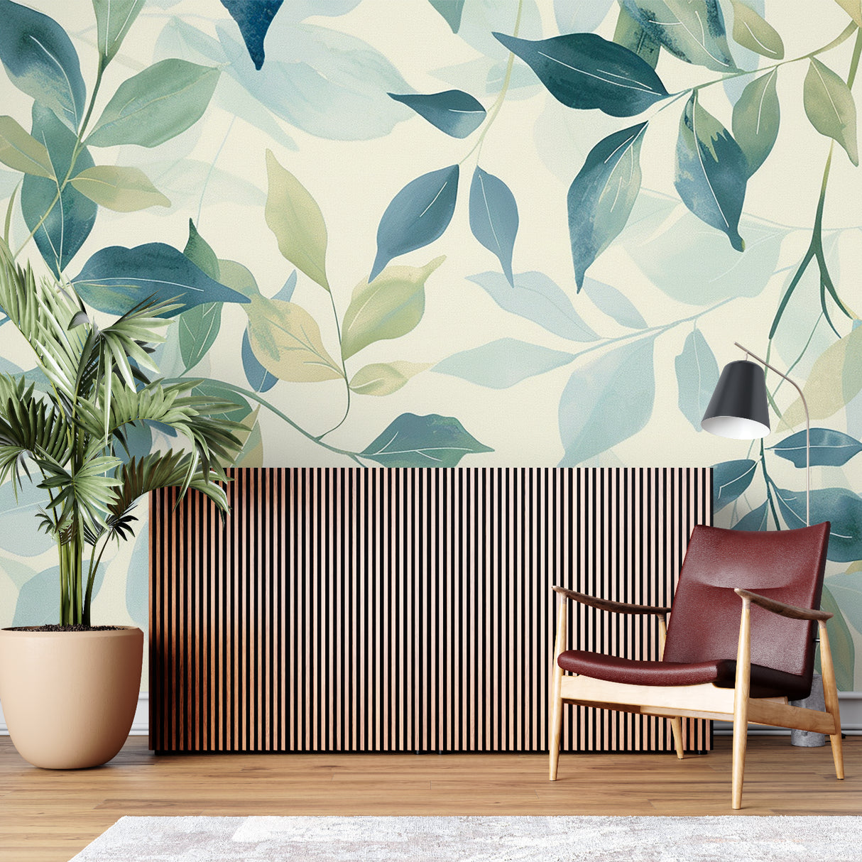 Watercolor foliage mural adding peaceful vibes to a home office space