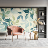 Nature-inspired wall mural transforming a dining room with soft blue and green tones