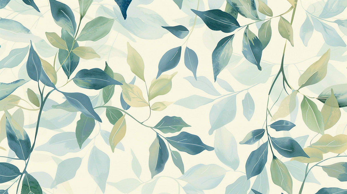 Design file showing detailed watercolor leaf pattern in blue and green shades