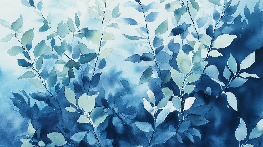 Watercolor blue leaves design file showing delicate botanical pattern and rich color variations
