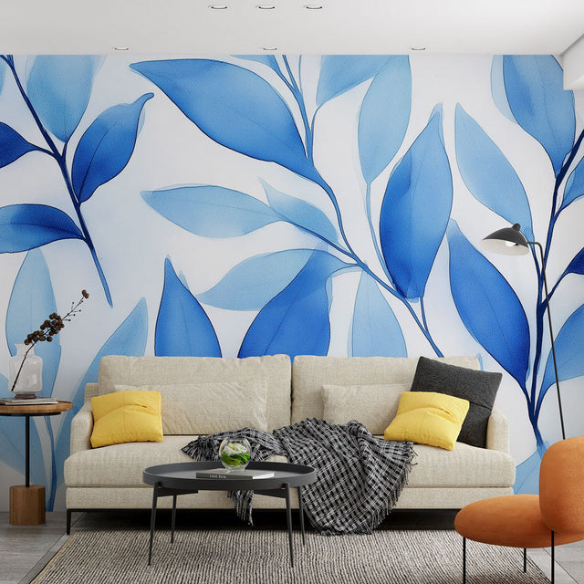 Blue botanical wallpaper creating a serene atmosphere in a modern living room with white furniture