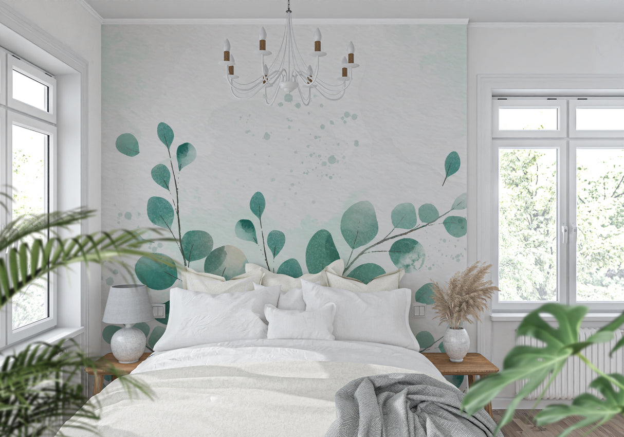 Botanical wallpaper creating a fresh look in a minimalist dining room setting