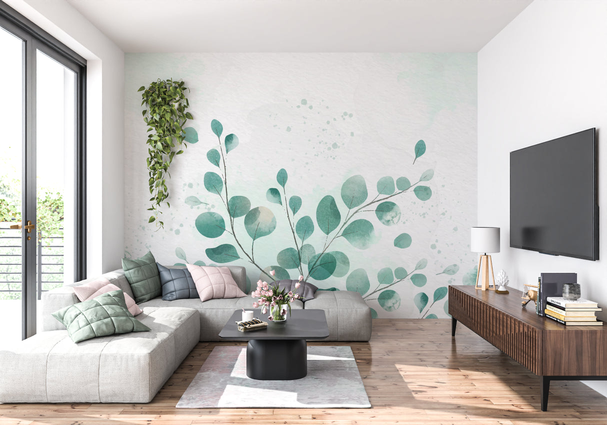 Green eucalyptus wallpaper bringing nature into a cozy bedroom space