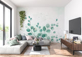 Green eucalyptus wallpaper bringing nature into a cozy bedroom space
