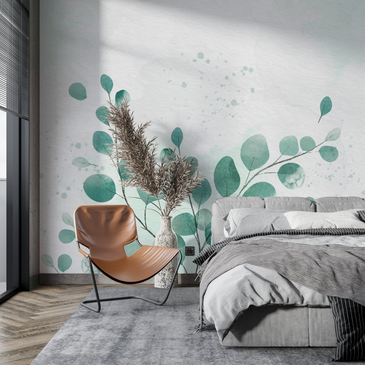 Watercolor leaf mural adding serenity to a home office environment