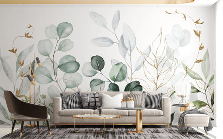 Botanical wallpaper with gold-traced eucalyptus leaves creating a calm atmosphere in a modern living room