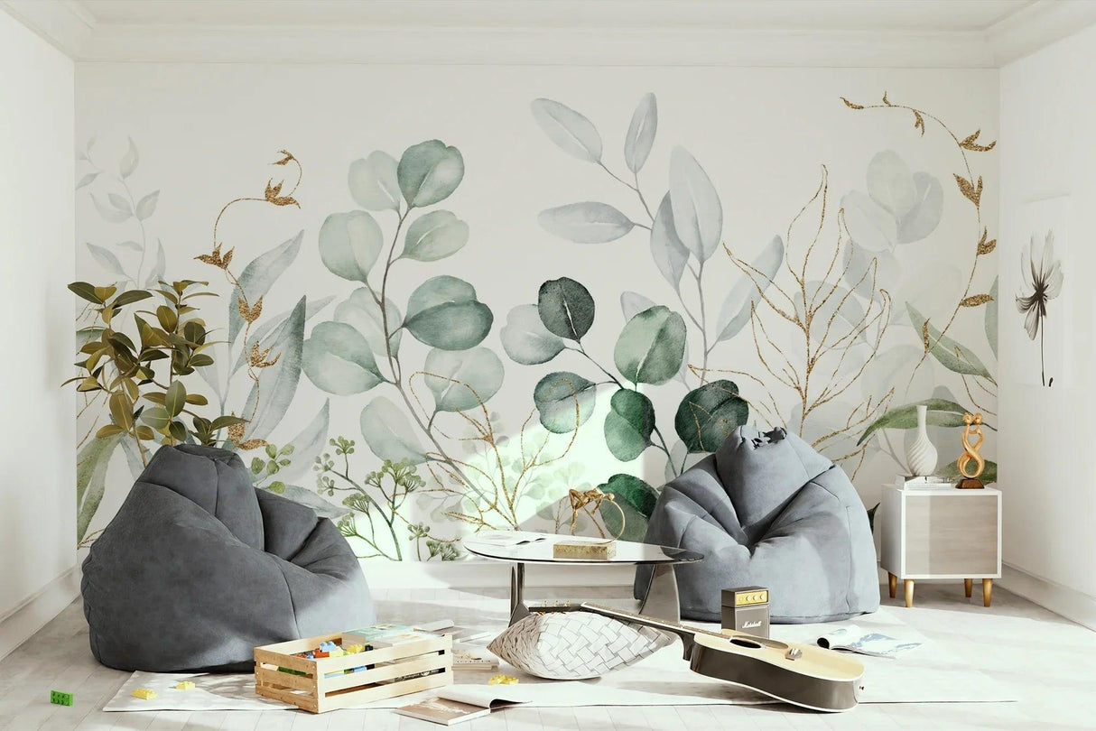 Watercolor eucalyptus wallpaper bringing natural elegance to a bright dining space