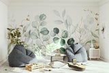 Watercolor eucalyptus wallpaper bringing natural elegance to a bright dining space