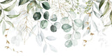 Design file showing detailed watercolor eucalyptus pattern with delicate gold accents on white background
