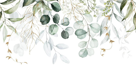 Design file showing detailed watercolor eucalyptus pattern with delicate gold accents on white background