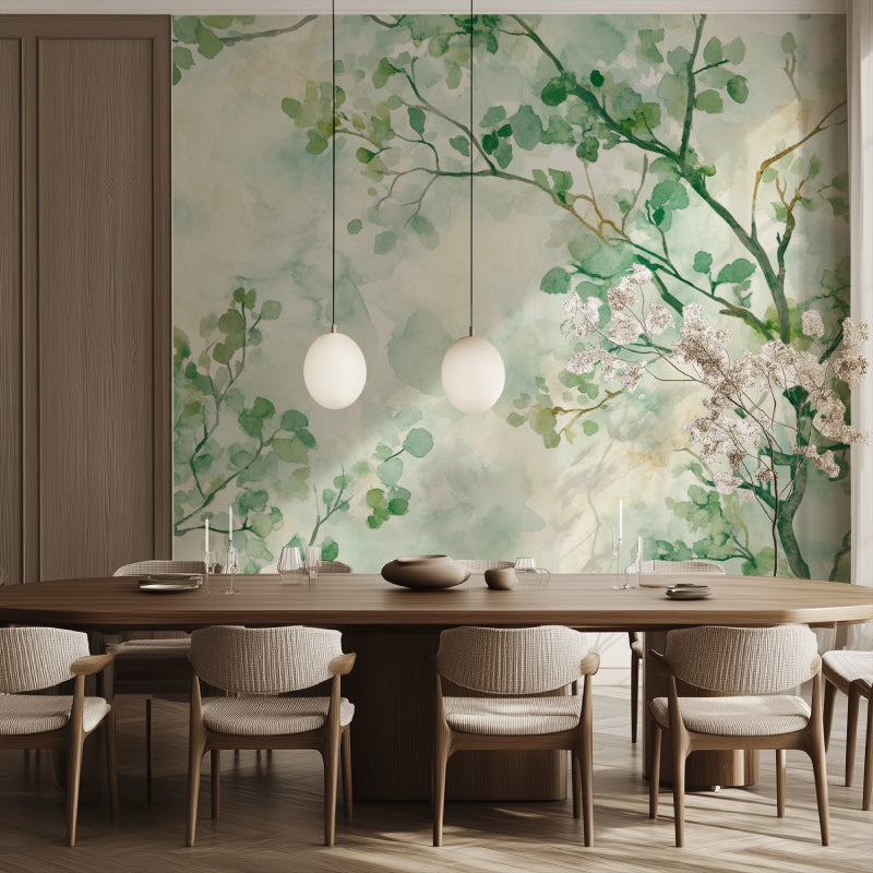 Green foliage wallpaper in bright modern living room showing watercolor branches pattern