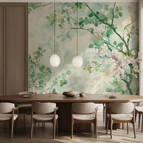 Green foliage wallpaper in bright modern living room showing watercolor branches pattern