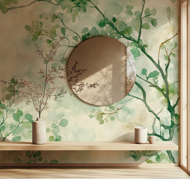 Watercolor green branches mural in minimalist dining room