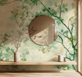 Watercolor green branches mural in minimalist dining room