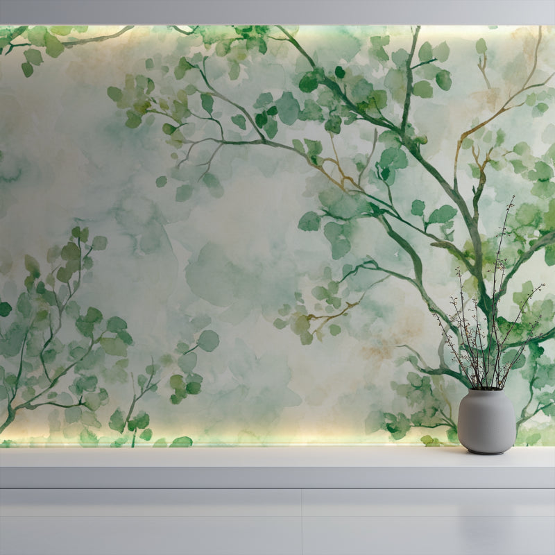 Nature-inspired foliage wallpaper creating calm home office atmosphere