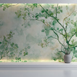 Nature-inspired foliage wallpaper creating calm home office atmosphere