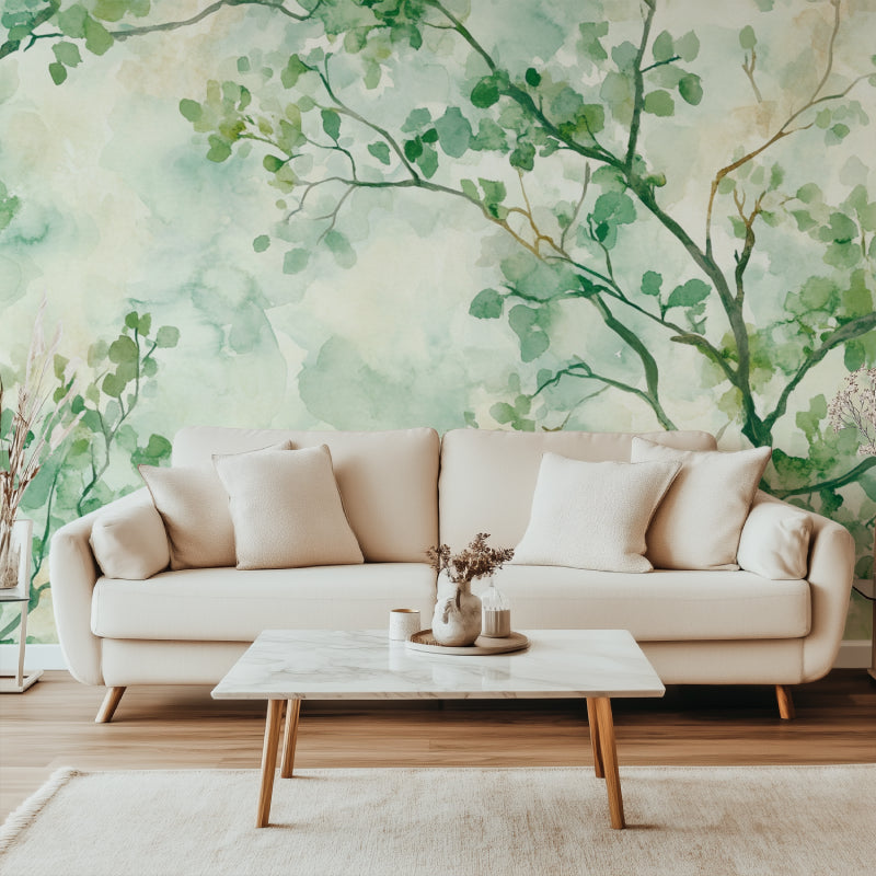 Green leaf mural wallpaper transforming modern hallway space