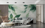 Green leaf wallpaper in modern living room showing watercolor botanical design