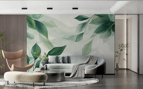 Green leaf wallpaper in modern living room showing watercolor botanical design