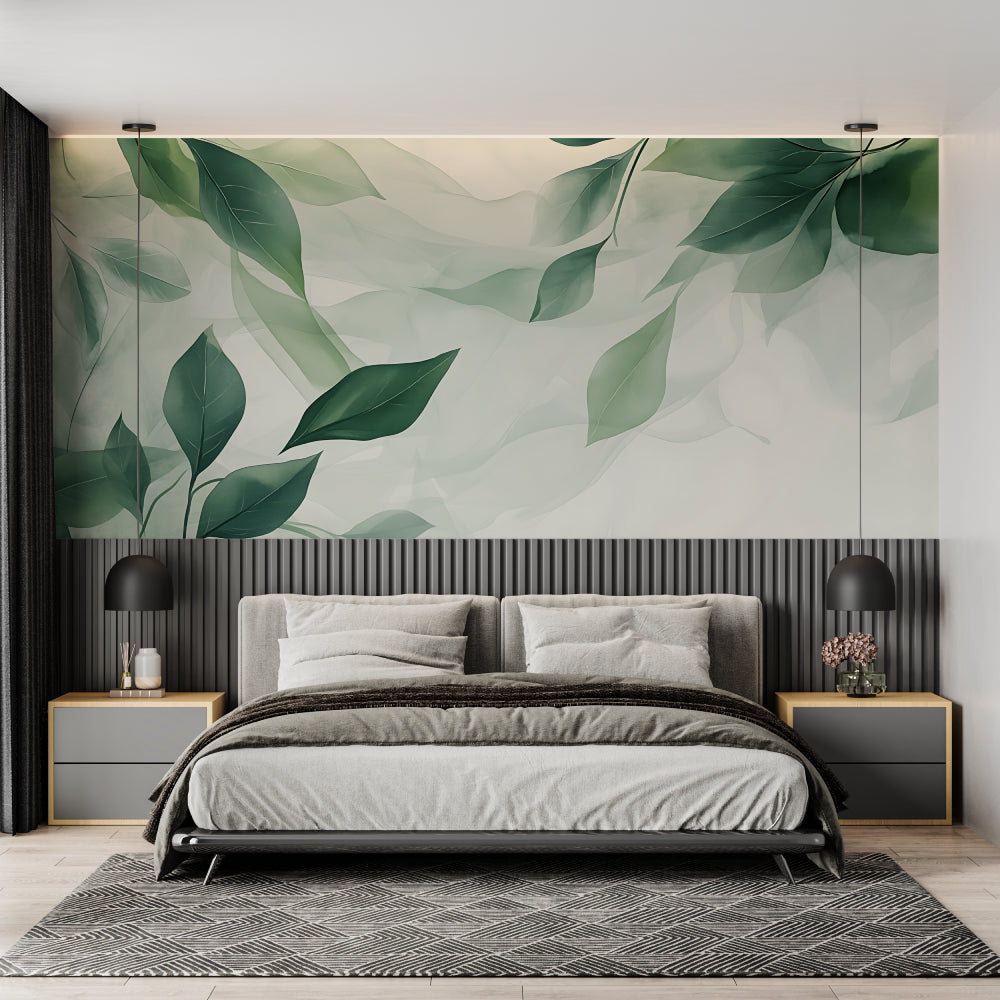 Botanical wall design showcased in modern kitchen setting