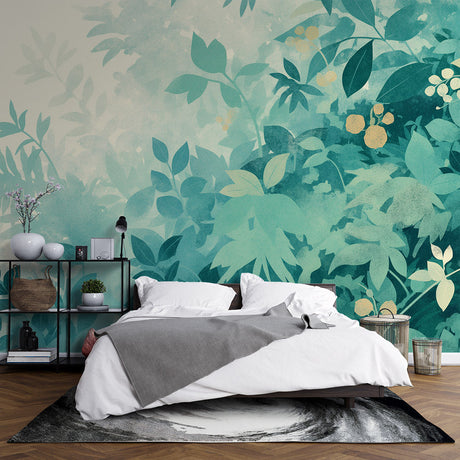 Botanical wallpaper creating a fresh atmosphere in modern living room with natural light